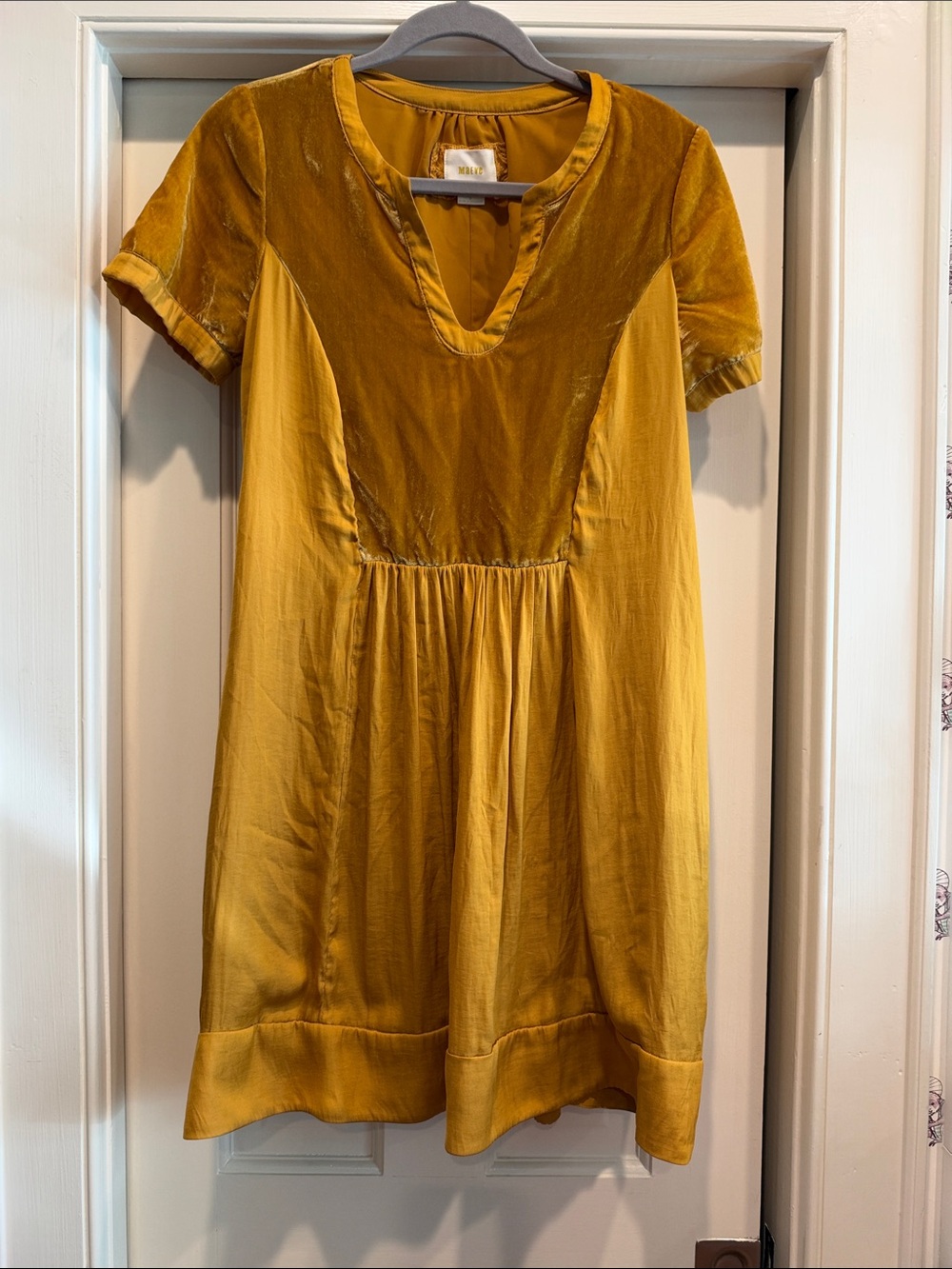 Anthropologie Mustard Velvet-Trim Dress